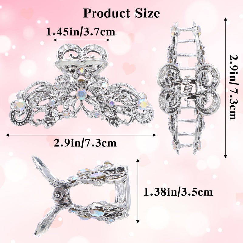 WJIAAA Rhinestone Hair Claw Clips, 2 Pcs Baroque Crystal Hair Claws with Nostalgic Style Hollow out Design, Sparkly Diamond Fancy Clips for Women Silver Crystal Bling Claw Clip Glitter Diamond - Image 3